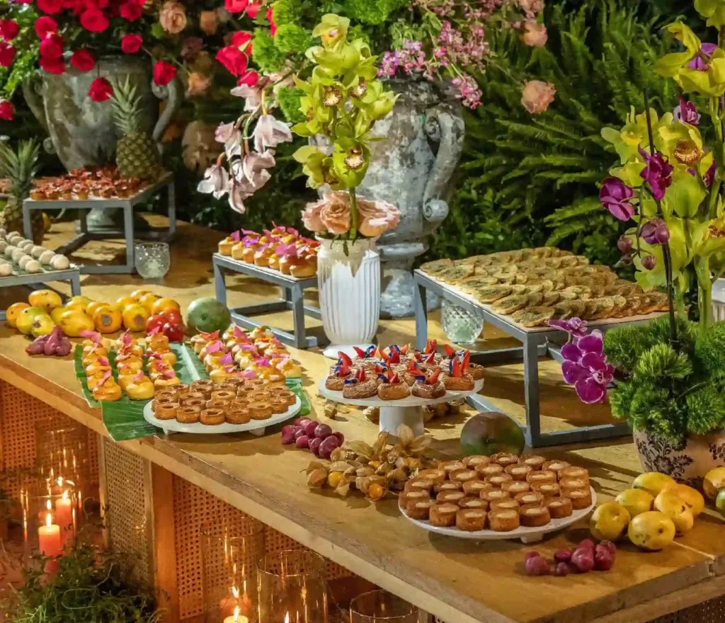 Catering spread with French pastries and tropical fruits for events at Nía Bakery in Cartagena Colombia