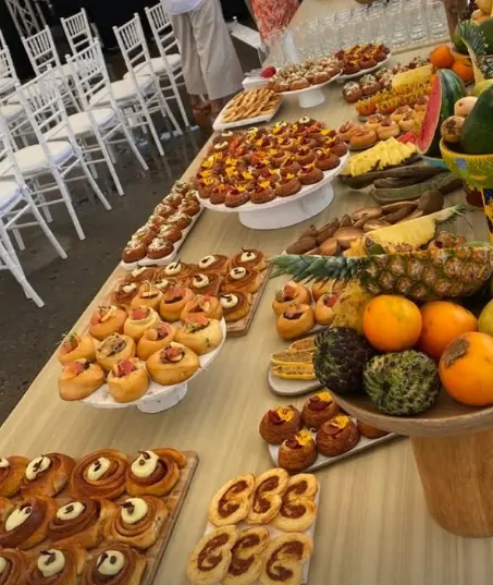 Catering spread with French pastries and tropical fruits for events at Nía Bakery in Cartagena Colombia